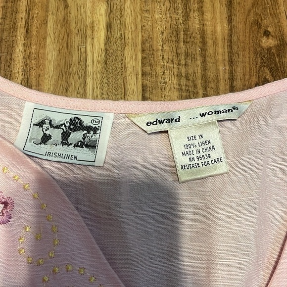 Edward Woman 1x XL 16 tunic top Irish linen pink embroider flowers rhinestones - Picture 6 of 7